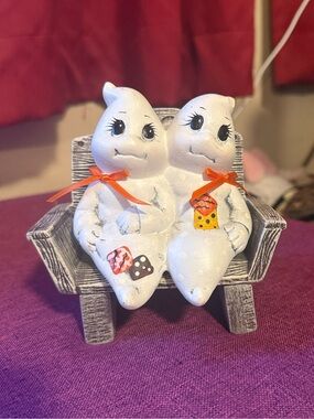 White Ghost Couple Figurine with Orange Bows